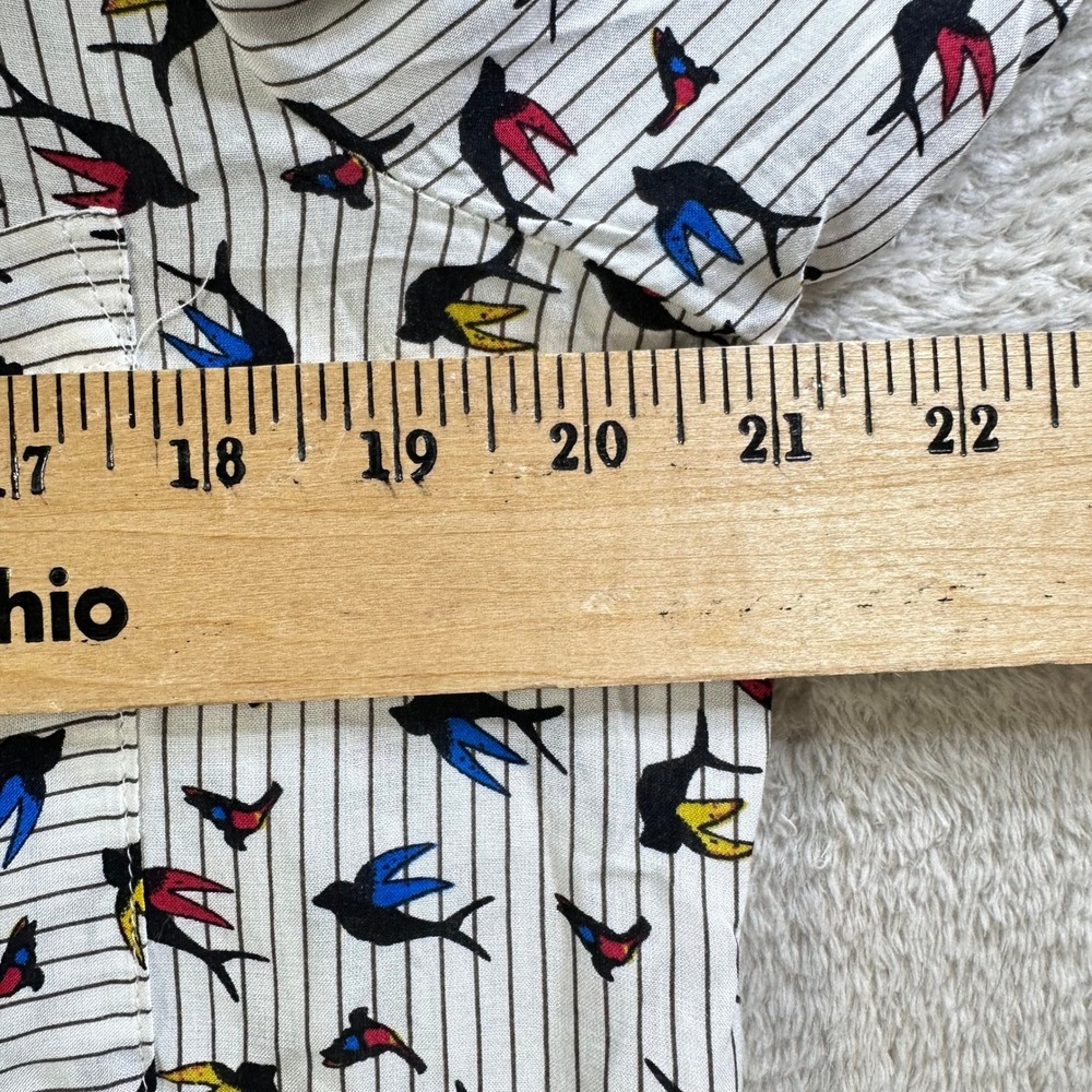 Grand & Greene Women's S Bird Print Pinstripe Button Down Shirt Roll Tab Rayon - Picture 5 of 8